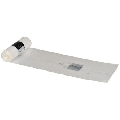 A roll of white plastic bags from Abena Re-Seller GmbH trash bags for Sækko Boy 120 (35 my LLDPE) is partially unrolled on a plain white background, with thin, transparent bags and a black label around the roll.