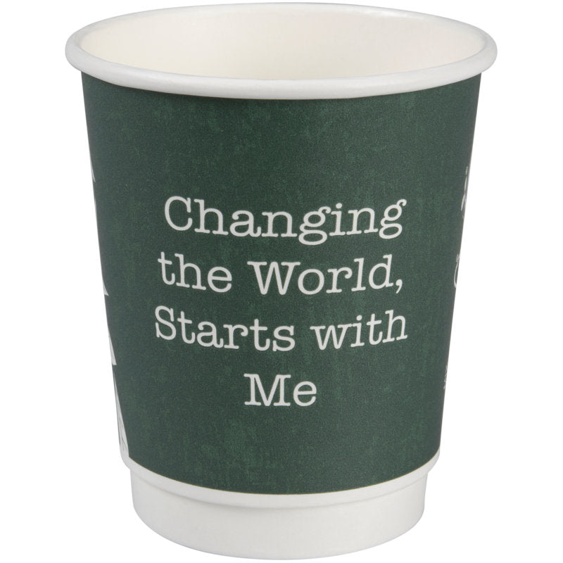 The empty coffee cup Double Wall Bio "Green Leaves" by Abena Re-Seller GmbH in dark green features the white lettering "Changing the World, Starts with Me" on the front and stands against a white background.