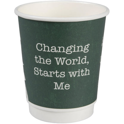 The empty coffee cup Double Wall Bio "Green Leaves" by Abena Re-Seller GmbH in dark green features the white lettering "Changing the World, Starts with Me" on the front and stands against a white background.