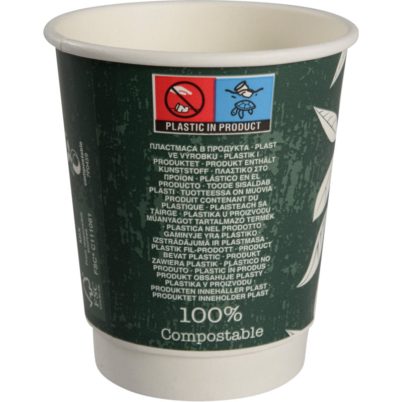 The coffee cup Double Wall Bio "Green Leaves" by Abena Re-Seller GmbH is a green disposable cup made from sustainable materials, labeled with "Plastic in the product", "100% compostable" and ideal for environmentally conscious coffee drinkers.