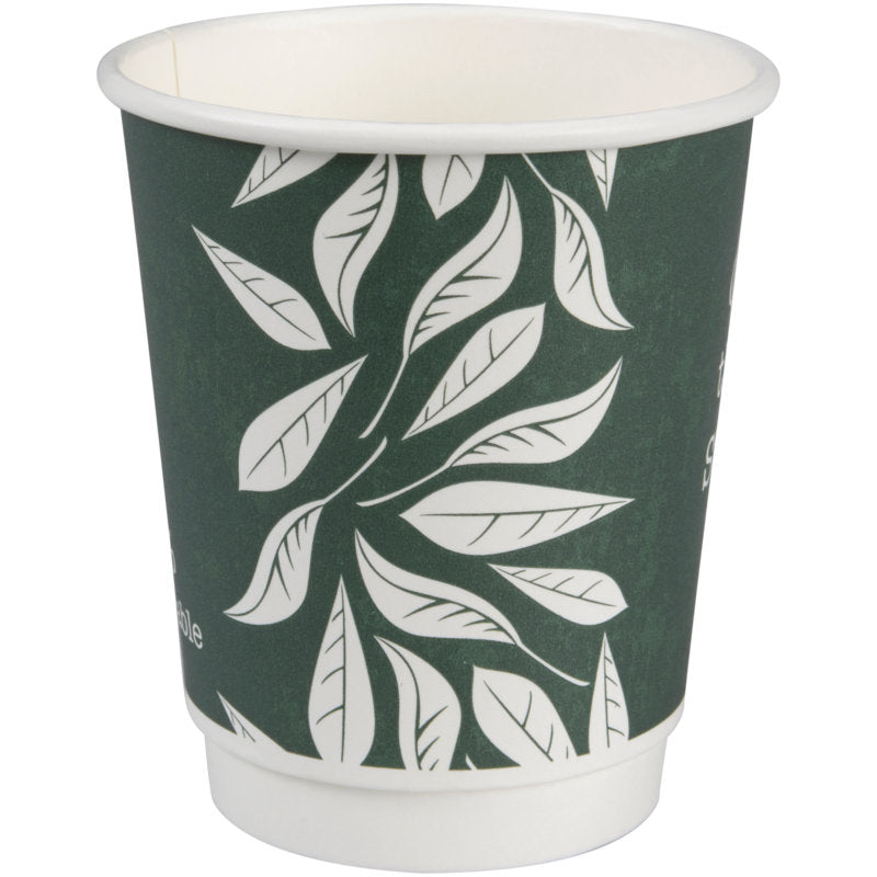 The coffee cup Double Wall Bio "Green Leaves" by Abena Re-Seller GmbH is a green paper cup with a white rim and leaf design, made from sustainable materials. The empty cup stands upright against a plain background.