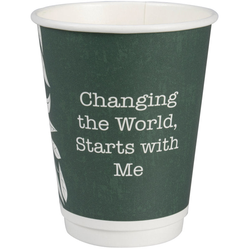 The Abena Re-Seller GmbH coffee cup Double Wall Bio "Green Leaves" is a green, eco-friendly cup with white text "Changing the World, Starts with Me" and a partial white leaf design on the left side.