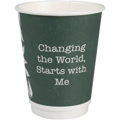 The Abena Re-Seller GmbH coffee cup Double Wall Bio "Green Leaves" is a green, eco-friendly cup with white text "Changing the World, Starts with Me" and a partial white leaf design on the left side.