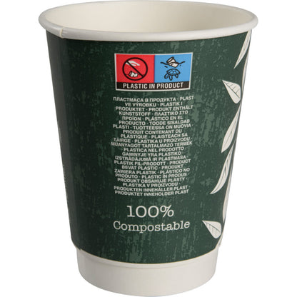 The Abena Re-Seller GmbH coffee cup Double Wall Bio "Green Leaves" is a dark green cup with white leaf motifs, a "100% compostable" label, and a multilingual sticker "Plastic in the product" with eco-friendly material symbols.