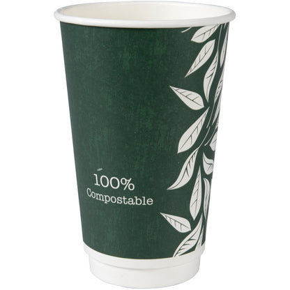 The coffee cup Double Wall Bio "Green Leaves" by Abena Re-Seller GmbH is a dark green, double-walled cup with a white leaf motif and "100% compostable" lettering, made from sustainable materials.
