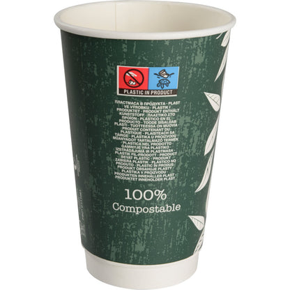 The coffee cup Double Wall Bio "Green Leaves" by Abena Re-Seller GmbH is a green, eco-friendly cup with white leaf motifs, a "100% compostable" label, and a multilingual warning about the plastic content.