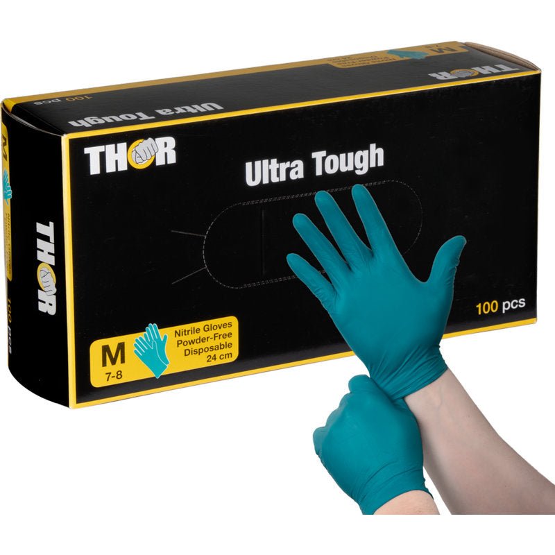 Two hands put on the green Thor Ultra Tough gloves from Abena Re-Seller GmbH in front of the box. Perfect for outdoor activities, these medium-sized, powder-free disposable gloves are 24 cm long and come in a pack of 100 - large and robust.
