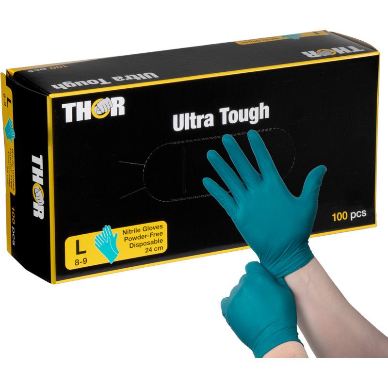A hand puts on a green nitrile glove in front of a black-yellow "Thor Ultra Tough, Green" box from Abena Re-Seller GmbH - powder-free disposable gloves, size L (100 pieces), ideal for demanding tasks and outdoor activities.