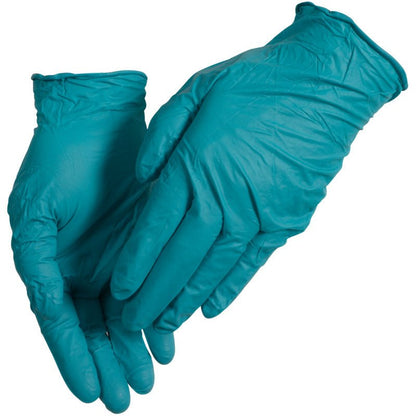A pair of green Thor Ultra Tough disposable gloves from Abena Re-Seller GmbH, with one glove slightly overlapping the other, both showing visible creases and textures.