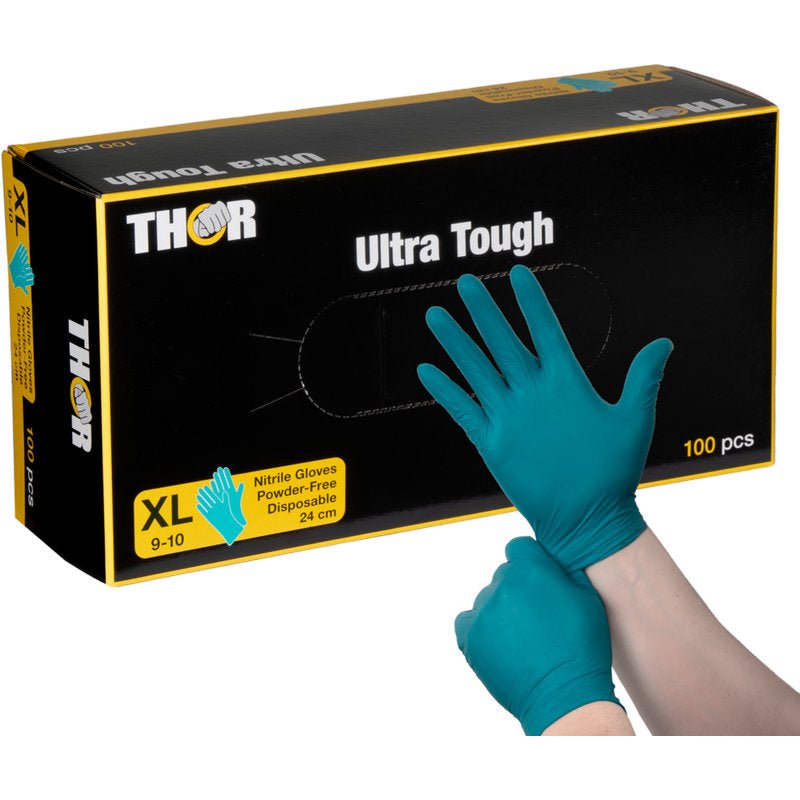 A person puts on a green nitrile glove in front of a black-yellow "Thor Ultra Tough, Green" box from Abena Re-Seller GmbH, indicating this robust product, ideal for outdoor activities and tasks requiring strong protection.