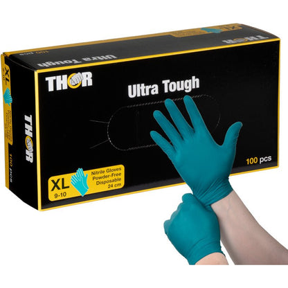 A person puts on a green nitrile glove in front of a black-yellow "Thor Ultra Tough, Green" box from Abena Re-Seller GmbH, indicating this robust product, ideal for outdoor activities and tasks requiring strong protection.