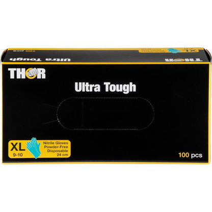 A green box labeled "Thor Ultra Tough" from Abena Re-Seller GmbH contains 100 powder-free disposable nitrile gloves in size XL (9-10) with yellow and blue accents - ideal for outdoor activities.