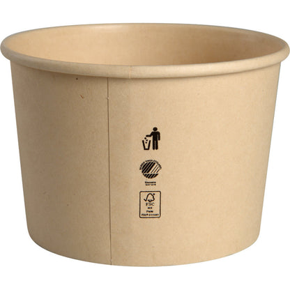 Der Abena Re-Seller GmbH Eisbecher 120 ml, Pappe/PE ist ein schlichter brauner Becher mit PE-Beschichtung, der auf der Vorderseite mit drei schwarzen Recycling- und Kompostierungssymbolen versehen ist. Der leere Behälter ist auf weißem Hintergrund abgebildet.