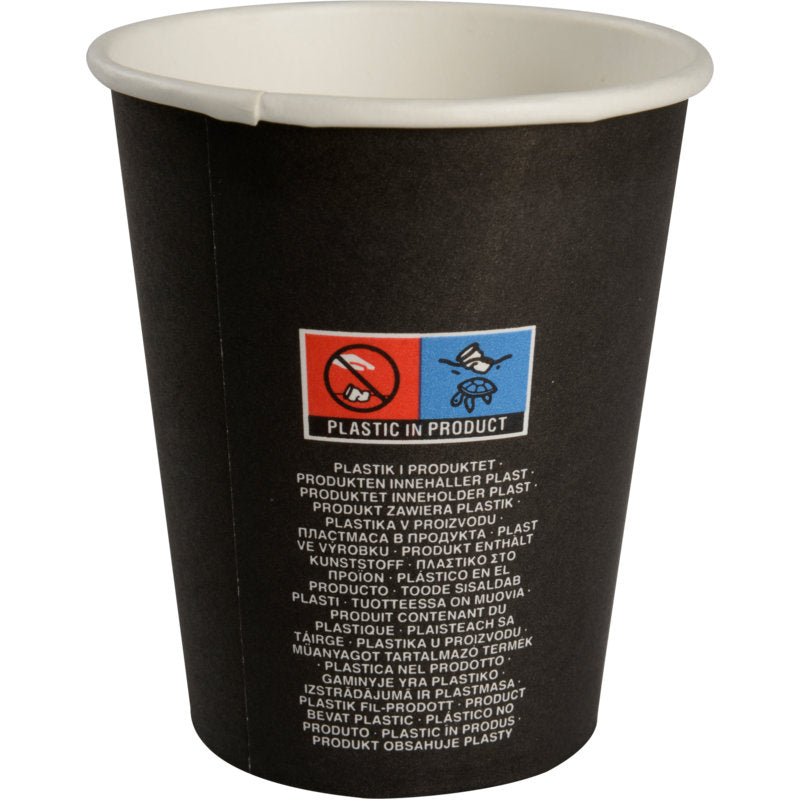 The "Beans" coffee cup from Abena Re-Seller GmbH is a black cup with No Plastic/No Littering icons and "Plastic in Product" with translations - ideal for environmentally conscious coffee lovers.