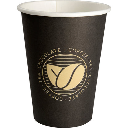 The "Beans" coffee cup from Abena Re-Seller GmbH is black with a white interior and a golden circular logo featuring coffee beans and the words "COFFEE", "TEA" and "CHOCOLATE" - ideal for any coffee lover.