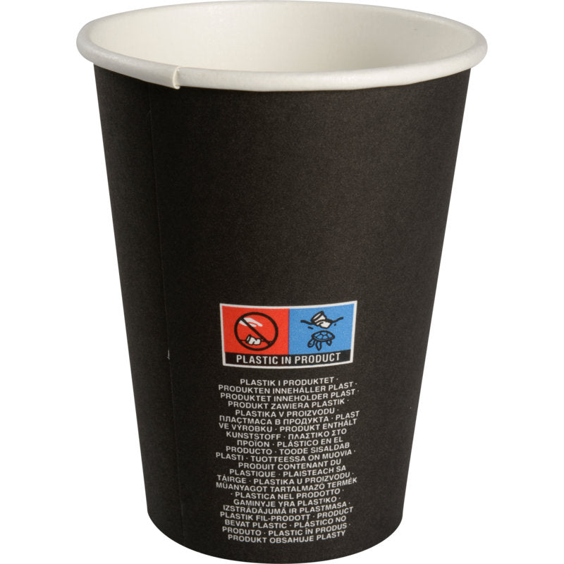 The "Beans" coffee cup from Abena Re-Seller GmbH is a black disposable paper cup with a white interior and multilingual pictograms as well as a "PLASTIC IN PRODUCT" label, ideal for coffee lovers who care about their cup choice.