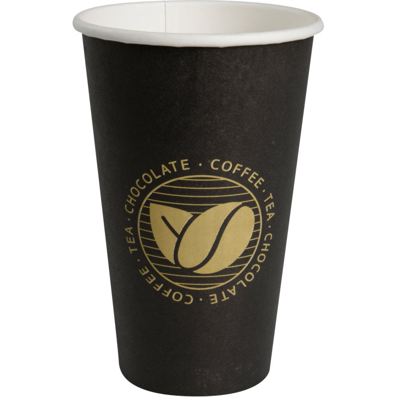 The "Beans" coffee cup from Abena Re-Seller GmbH is a black disposable paper cup with a white inner rim, a golden leaf circle, and the print "COFFEE - TEA - CHOCOLATE" - ideal for coffee lovers.