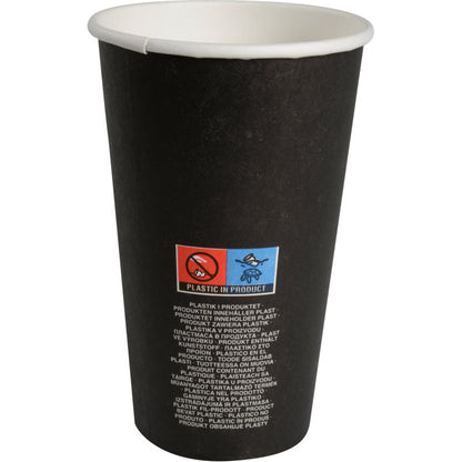 The "Beans" coffee cup from Abena Re-Seller GmbH is a black disposable paper cup with a white interior, labeled with red and blue pictograms and multilingual text indicating the plastic content - perfect for any coffee lover.