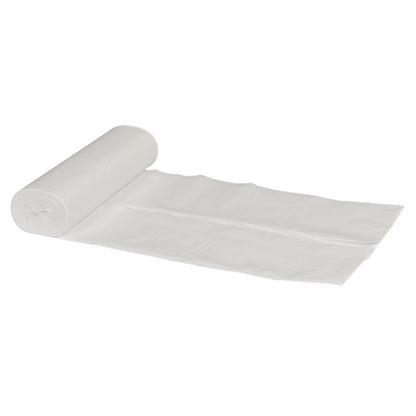 A roll of Abena Re-Seller GmbH trash bags for Sækko Boy 120, 35 my LLDPE white plastic trash bags is partially unrolled and shows several connected bags lying flat on a white background.
