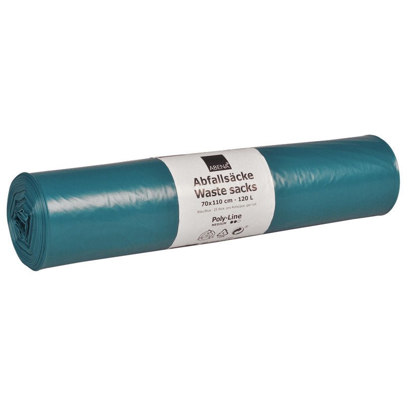 A rolled-up pack of blue LDPE Abena Re-Seller GmbH garbage bags 120 L (700x1100 mm, 48 microns), labeled in German/English, contains 25 bags with a capacity of 120 liters.