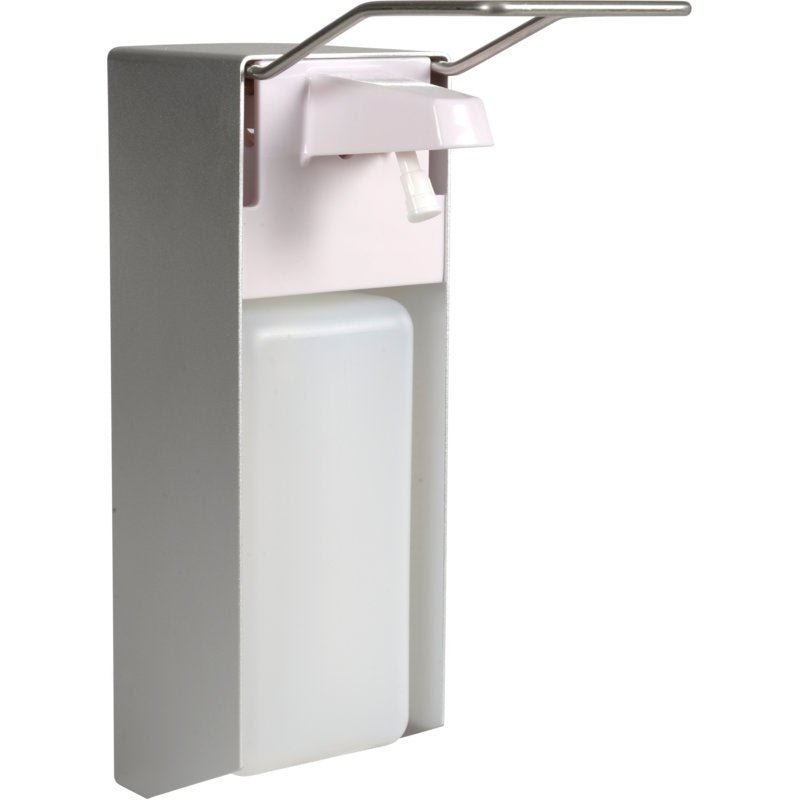 The Abena Re-Seller elbow lever dispenser (1000 ml, aluminum/white) features a metal lever, a white plastic pump, and a rectangular, transparent container - ideal for dispensing soap or disinfectant.