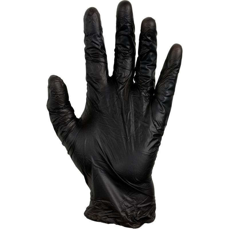 Eine erhobene rechte Hand, die einen faltigen schwarzen Thor Black Vinyl, Vitrile Blend, Puderfrei Handschuh der Abena Re-Seller GmbH trägt, wird vor einem weißen Hintergrund gezeigt.