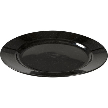 Der Abena Re-Seller GmbH Mehrweg Teller, Schwarz zeichnet sich durch eine glänzende, schwarz gesprenkelte Oberfläche und ein rundes Design aus - eine umweltfreundliche Alternative für stilvolles Tafeln, dargestellt auf weißem Hintergrund.