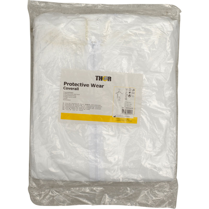 A package contains a folded white Thor disposable coverall. The label reads "Protective Wear Coverall" with product details, including the brand name "Abena Re-Seller GmbH".