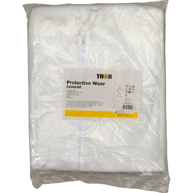 A white Thor disposable coverall from Abena Re-Seller GmbH is folded in a transparent plastic packaging, which is labeled with the product name, branding, and additional information.