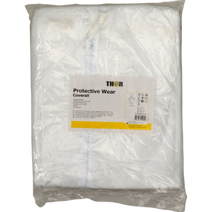 A white Thor disposable coverall from Abena Re-Seller GmbH is folded in a transparent plastic packaging, which is labeled with the product name, branding, and additional information.