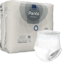 Pictured is a package of 24 ABENA Pants XS1, Premium by Abena Re-Seller GmbH (Size X-Small, pull-up diapers for adults), with a white diaper outside the packaging featuring product information and symbols.