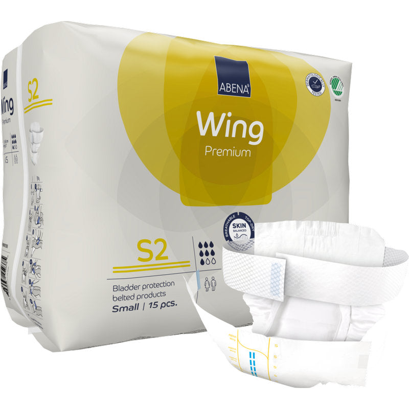 Eine Packung mit 15 ABENA Wing Premium S2 Gürtelwindeln für Erwachsene der Abena Re-Seller GmbH. Die gelb-weiße Verpackung zeigt Produktinfos, vorne eine ungefaltete Windel und hebt Schutz und Komfort als bewährte Inkontinenzprodukte hervor.