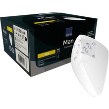 A box labeled "ABENA Man Zero, Premium" from Abena Re-Seller GmbH with 24 pieces offers discreet protection for men; next to the package is a white sign with blue lettering depicted.