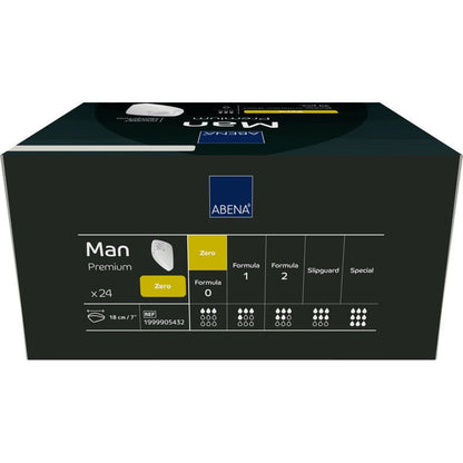 A rectangular box of ABENA Man Zero, Premium from Abena Re-Seller GmbH contains 24 pieces. The dark packaging with white and yellow accents highlights the discreet protection and features icons for absorbency levels and product information.