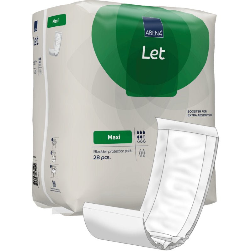Pictured is a pack of ABENA Let bladder protection inserts from Abena Re-Seller GmbH with white and green design, an easy-to-carry bag, an illustration of the insert on the front, extra absorption, and 28 pieces per pack.