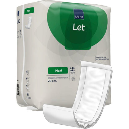 Pictured is a pack of ABENA Let bladder protection inserts from Abena Re-Seller GmbH with white and green design, an easy-to-carry bag, an illustration of the insert on the front, extra absorption, and 28 pieces per pack.