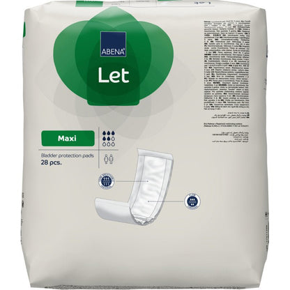 A pack of ABENA Let bladder protection inserts from Abena Re-Seller GmbH with the product name, insert type, absorbency, number of 28 inserts, and an illustration of the insert on a white and green background.
