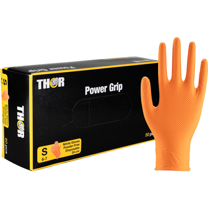 Pictured is a box of Abena Re-Seller GmbH Thor Power Grip, Orange Disposable Nitrile Gloves (small) with a textured glove standing upright next to it. The packaging highlights the powder-free, durable design and exceptional grip - ideal for forearm training.