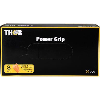 An orange box labeled "Thor Power Grip" by Abena Re-Seller GmbH contains 50 small (6-7) powder-free disposable nitrile gloves (24 cm long). Ideal for grip strength and forearm training.