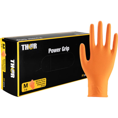 A box of Abena Re-Seller GmbH Thor Power Grip, Orange Nitrile Gloves (size M, 50 pieces) with a textured glove depicted upright next to the box. Ideal for grip strength and forearm training.