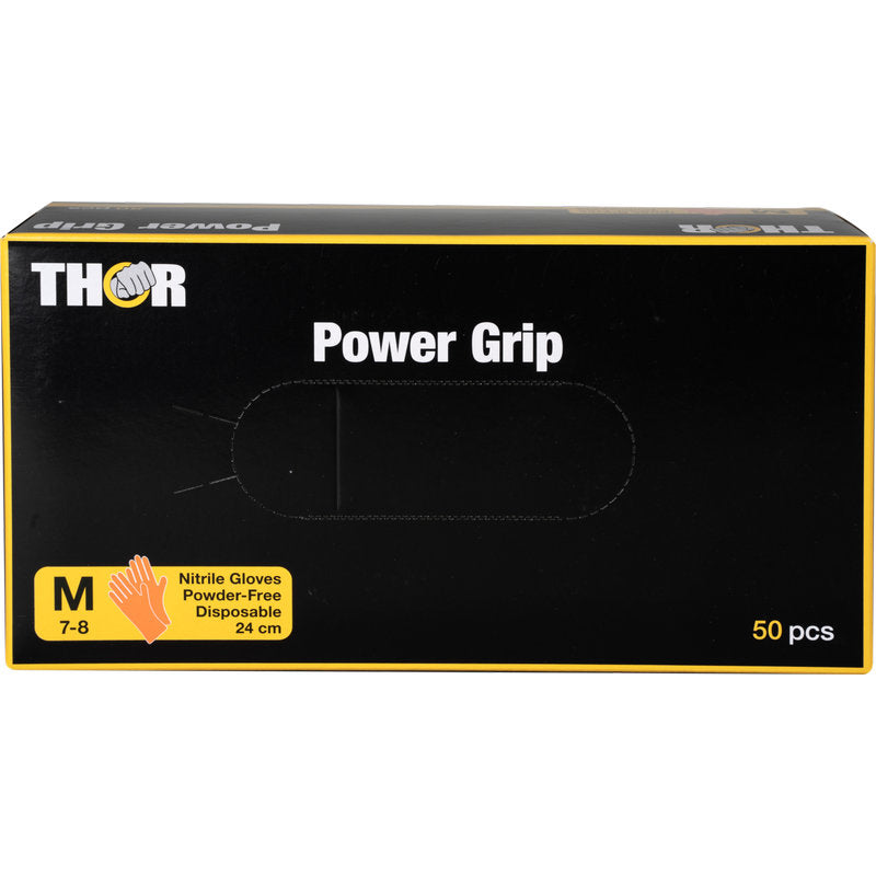 A box with 50 Abena Re-Seller GmbH Thor Power Grip, Orange Nitrile Gloves, size Medium (7-8), powder-free, disposable, 24 cm long. Excellent grip design; box with yellow, white, and orange accents.