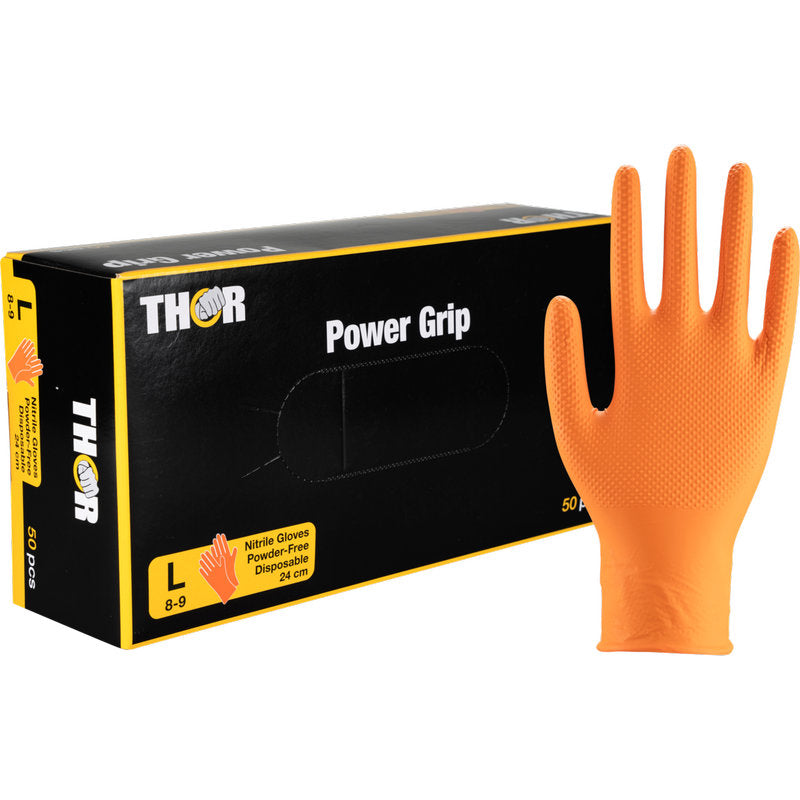 Pictured is a box of Thor Power Grip, Orange Nitrile Gloves by Abena Re-Seller GmbH, with a glove standing upright next to it. The black and yellow packaging highlights the size L, contains 50 gloves, and markets them as a hand strength trainer.