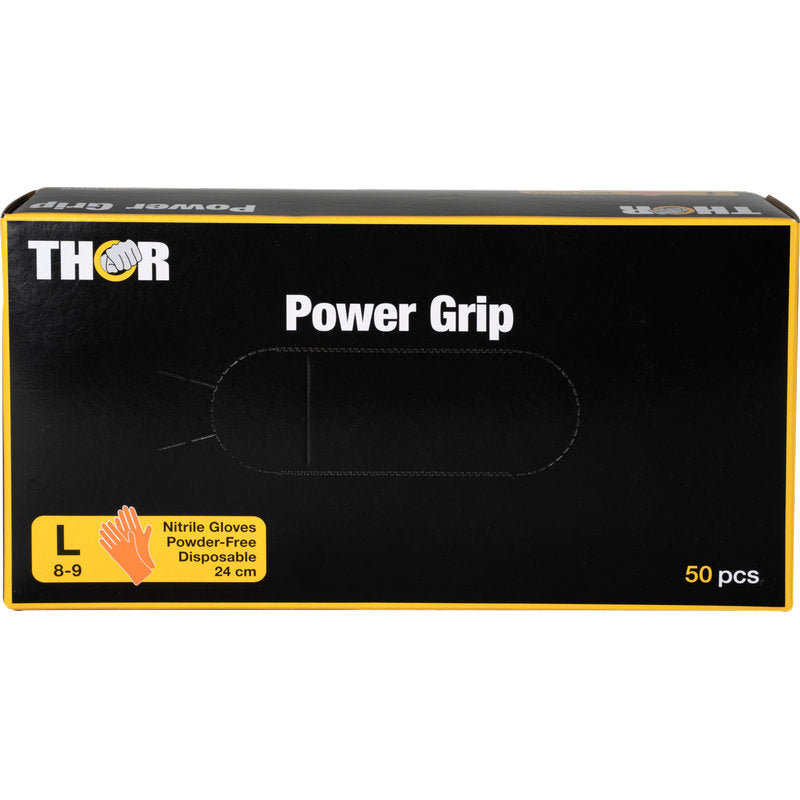 An orange box labeled "Thor Power Grip" by Abena Re-Seller GmbH contains 50 large (8-9), powder-free disposable nitrile gloves. The yellow and white label shows an image of the glove and highlights its high grip.