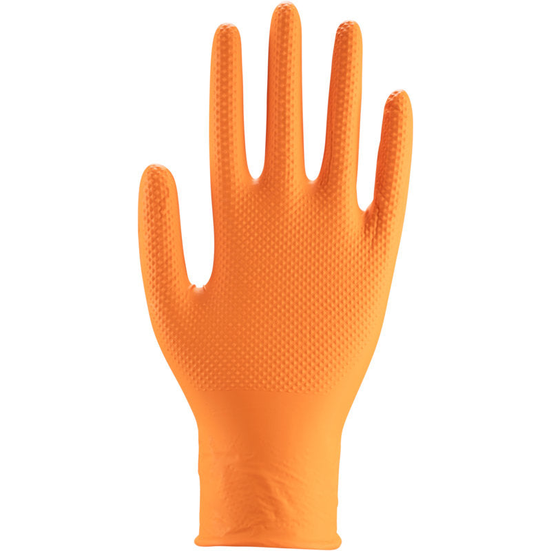 The Abena Re-Seller GmbH Thor Power Grip, Orange Disposable Glove is depicted upright with spread fingers, ideal for grip strength and forearm training hand trainer exercises. It is made of textured nitrile or latex material.