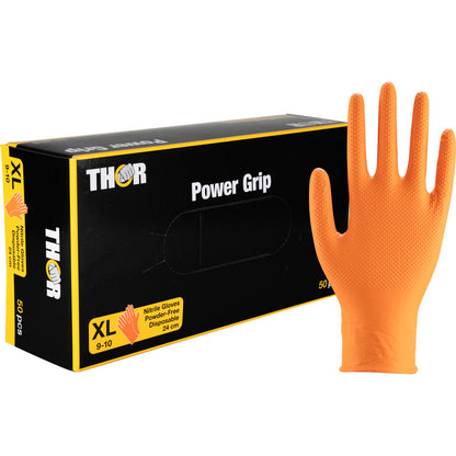 A box of Abena Re-Seller GmbH Thor Power Grip Orange Nitrile Gloves, size XL, with a glove standing upright next to the packaging. The box indicates that these are disposable gloves that are powder-free and ideal for tasks requiring additional grip strength.
