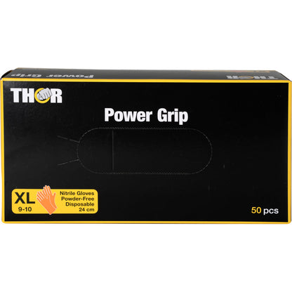 A box labeled "Thor Power Grip, Orange" by Abena Re-Seller GmbH contains 50 powder-free disposable nitrile gloves in size XL (9-10), 24 cm long, with a yellow hand symbol and product information on the front for better grip.