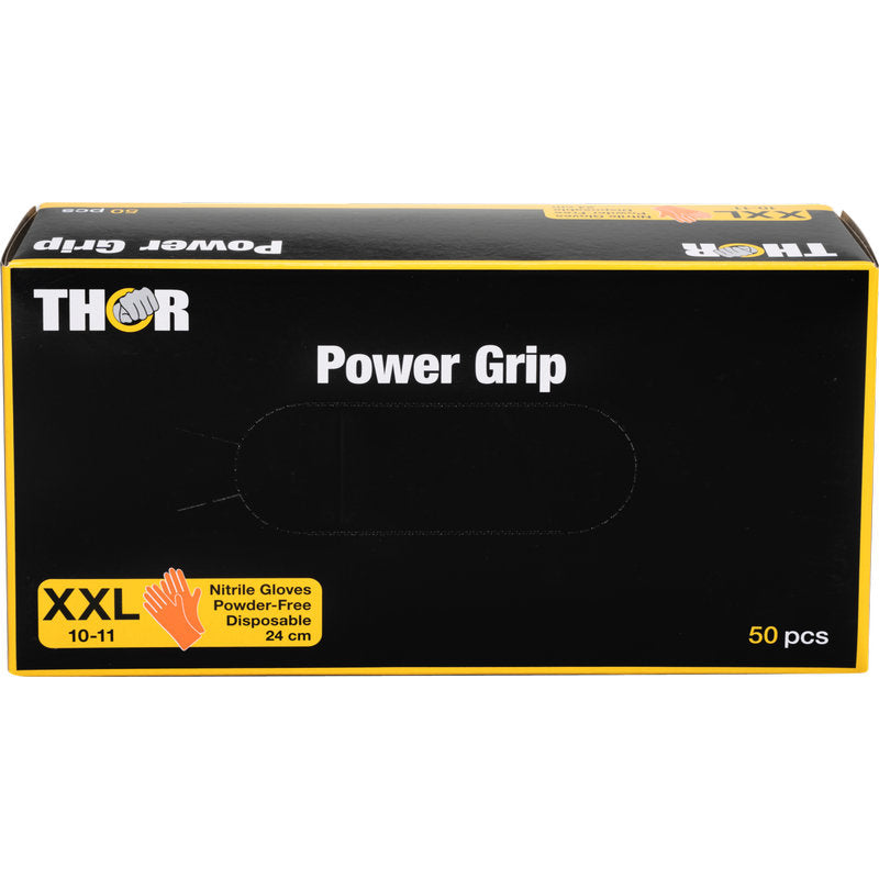 An orange box labeled "Thor Power Grip" by Abena Re-Seller GmbH contains 50 powder-free XXL disposable nitrile gloves (size 10-11, 24 cm), ideal for additional grip strength during forearm training or as a hand trainer.