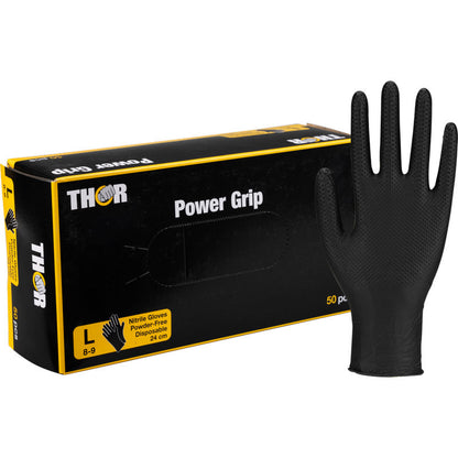 A box of Thor Power Grip, Black from Abena Re-Seller GmbH (large, powder-free, black nitrile gloves) with one glove standing upright. The packaging shows 50 disposable gloves - ideal for strength training or weightlifting.