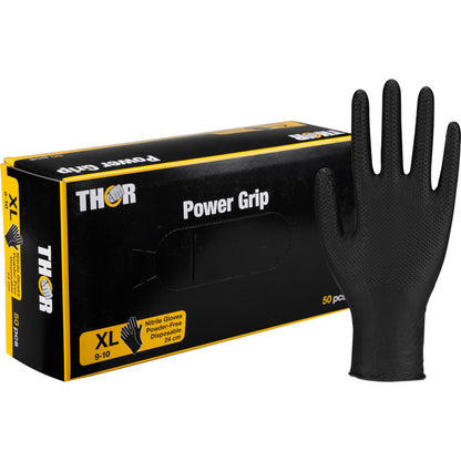 A black box with the inscription "Thor Power Grip, Black" from Abena Re-Seller GmbH shows XL nitrile gloves for strength training or weightlifting. An upright glove stands next to the box, which contains 50 powder-free gloves.
