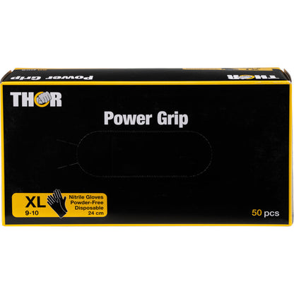 A black and yellow box of Thor Power Grip, Black nitrile gloves from Abena Re-Seller GmbH, size XL (9-10), powder-free, disposable, 24 cm long, 50 pieces per box. With product info and glove illustration on the front; ideal for strength training.